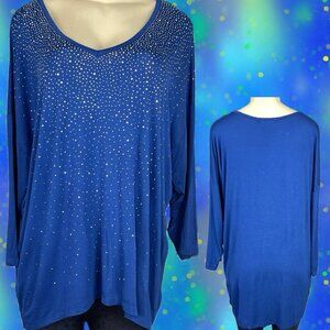 Design History XXL Blue Sapphire Studded V-Neckline 3/4 Sleeve Step-Hemline Top